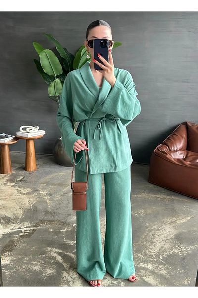 My Blog Mint Shawl Collar Kimono Pants Set - 98655