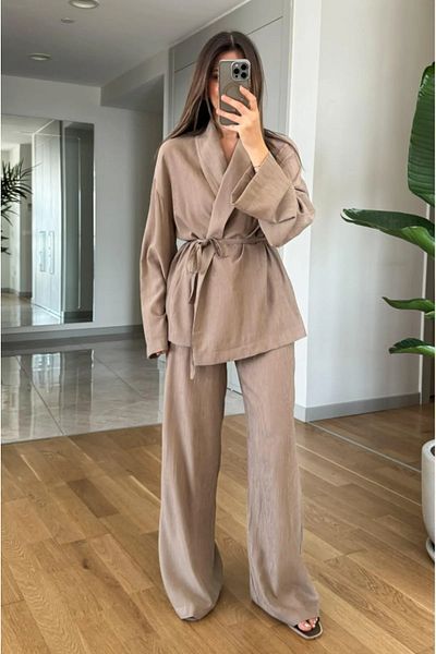 My Blog Mink Shawl Collar Kimono Pants Set - 98655