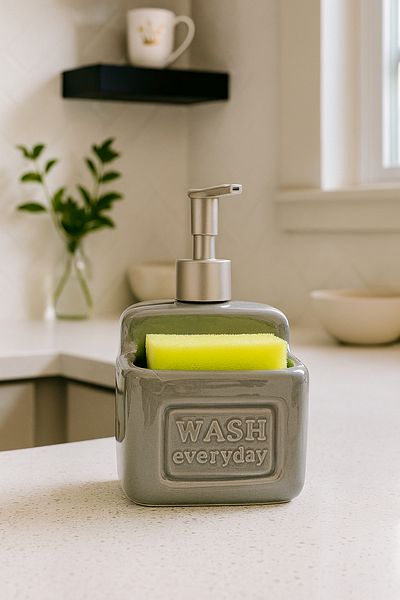 MAKRİ HOME Stylish and Practical Ceramic Sponge Liquid Soap Dispenser/Detergent Dispenser, Gray, 500 ml