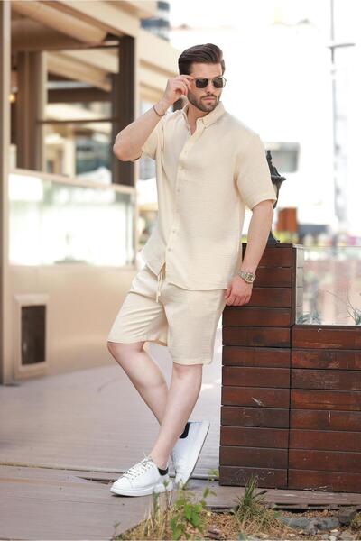 Madmext Beige Basic Men's Shorts Shirt Suit E7321