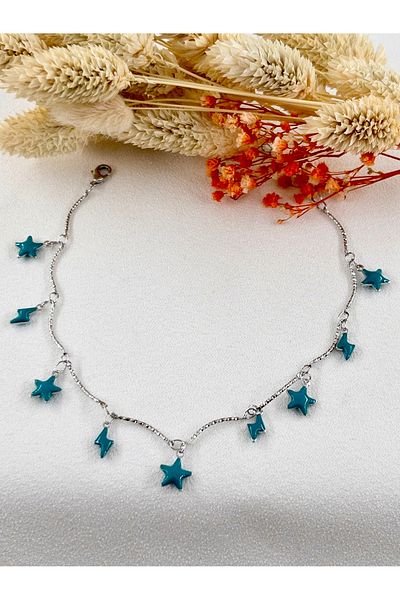 Siya Silver Steel Anklet with Blue Enameled Star Figure