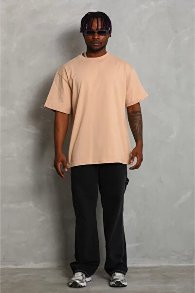 Flexium Unisex Oversize μονόχρωμο μπλουζάκι με λαιμόκοψη - Μπεζ