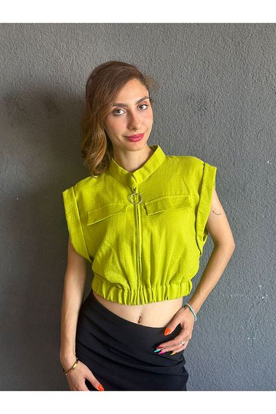Gönülden Tasarım Cămașă crop pentru femei cu fermoar din in VERDE Mărimea XL