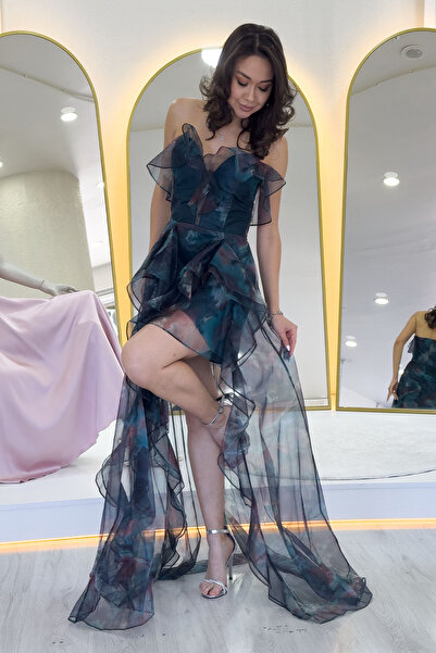 the ZKS Women's Tie-Dye Patterned Strapless Ruffle Evening Dress Purple, Red, Oil, Brown