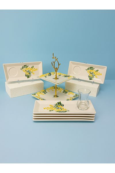 Piatti Naturali 7 Piece Ceramic Tea and Treat Plate Set Mimosa Pattern Handmade – Double Layer Presentation Bowl