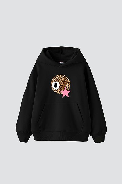 Bak Moda Leopard Billiard Ball Printed Oversize Women's Black Hoodie