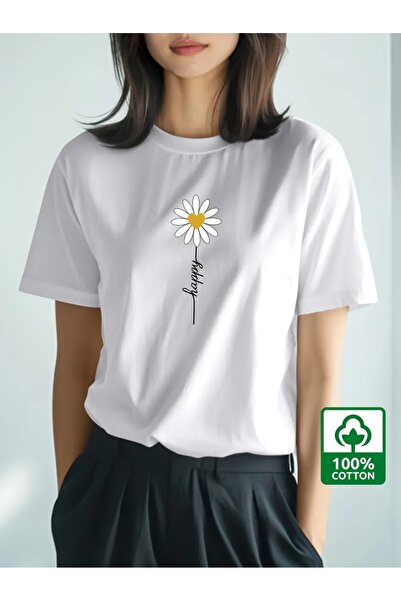 H&GHAMLEGİYİM تي شيرت نسائي بأكمام قصيرة مطبوع عليه Happy Daisy،