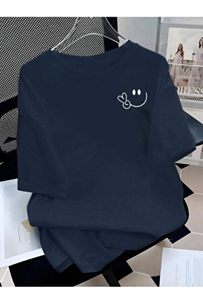 MOONBULL Tricou oversize unisex cu imprimeu Smiling Face pe pieptul stâng