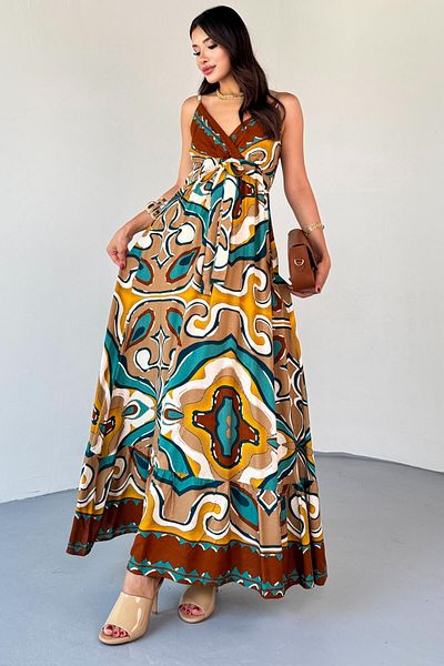 Cappmoda ELB-01818 Κίτρινο ρετρό μοτίβο με λουράκι υφαντό καλοκαιρινό φόρεμα