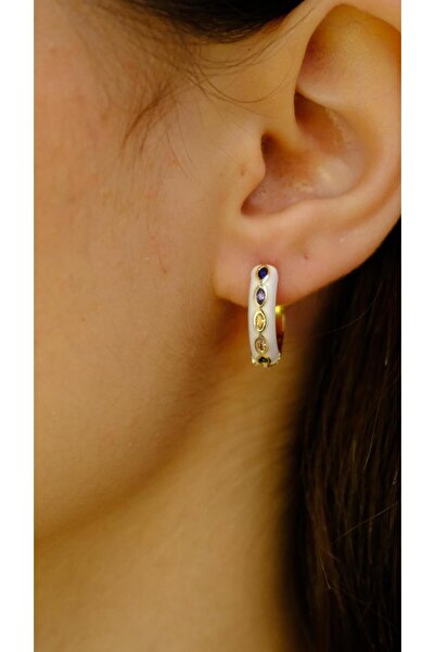 Jerie White Enamel Colored Stone Mini Hoop Earrings