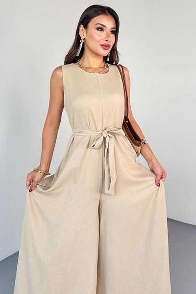 Cappmoda Elb-01819 Beige Belt Detailed Round Neck Sleeveless Jumpsuit
