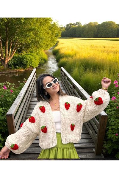 ZAHandmade Hand Knitted Moher Cardigan Strawberry 🍓   Motif