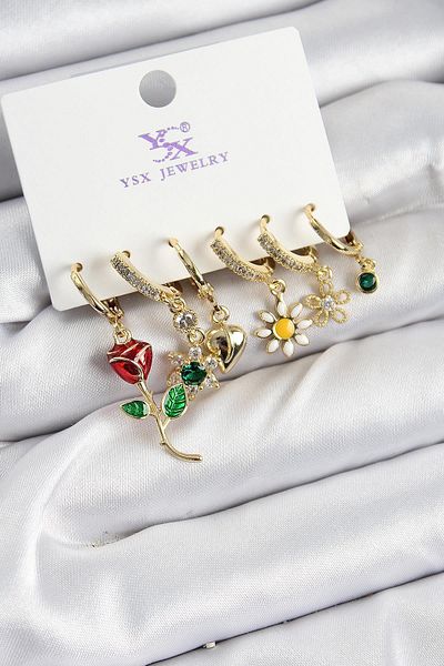 Celira Brass Zircon Stone Rose and Daisy Model Gold Color 3-Piece Double Women's Earrings