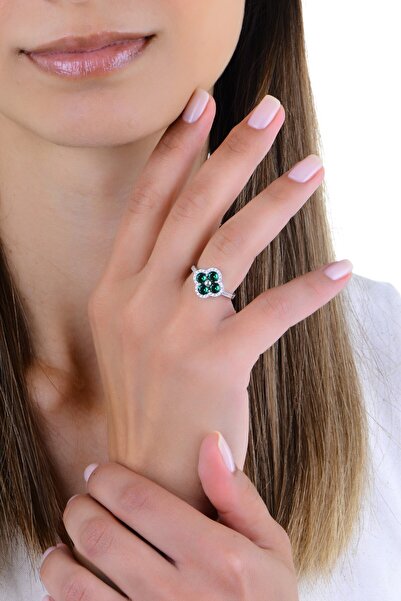 Söğütlü Silver Gümüş rodyumlu yeşil zirkon taşlı trifolium yonca yüzük