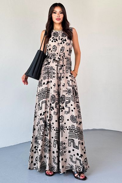 Cappmoda ELB-01816 Φόρεμα με ζώνη με έθνικ σχέδιο βιζόν