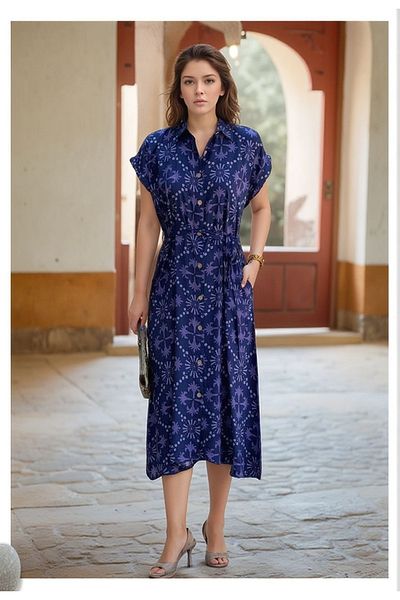 Tubik Women's Shirt Collar Button Closure Belted Pocket Viscose Dress