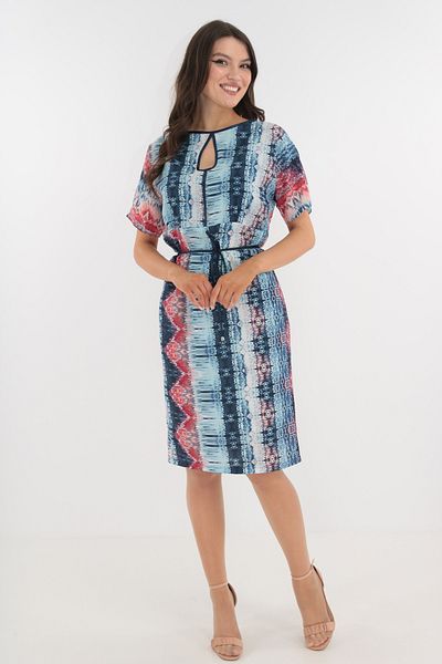 Vanessa Line RO Blue shift dress with red abstract print