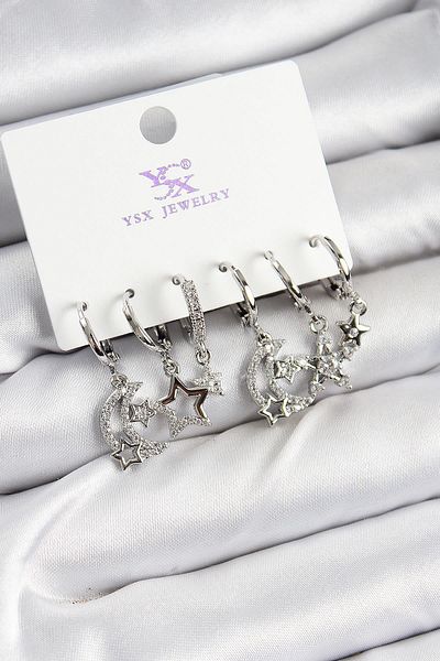 Celira Brass Zircon Stone Moon and Star Model Silver Color 3-Piece Double Women's Earrings