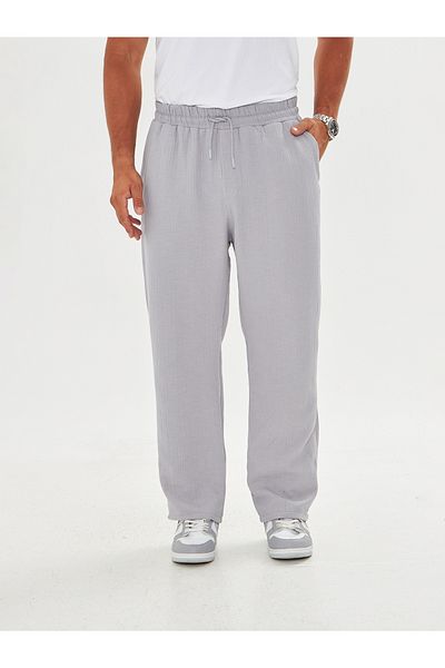 masso moda Men's Baggy Muslin Linen Waist Lace-Up Elastic Straight Leg Trousers