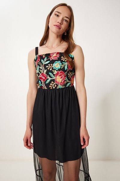 Lovelyİstanbul Rochie Midi din tul brodat cu flori LTP0023 NEGRA