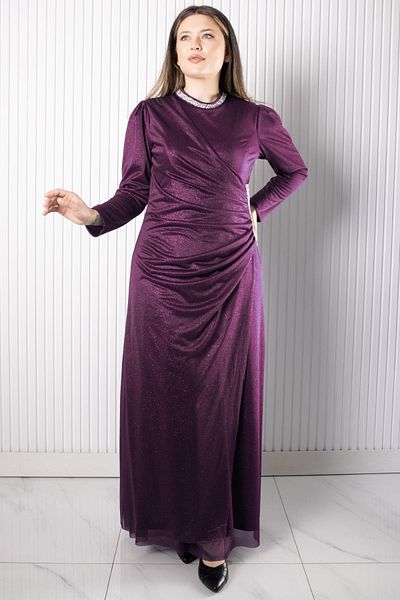 Fahima Stone Printed Glitter Tulle Evening Dress Plum Fhm956