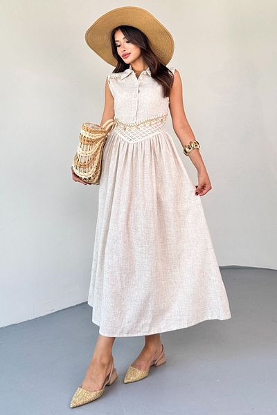 Cappmoda ELB-6018 Φόρεμα με λινό κουμπιά με ανοιχτόχρωμο χρώμα πέτρας