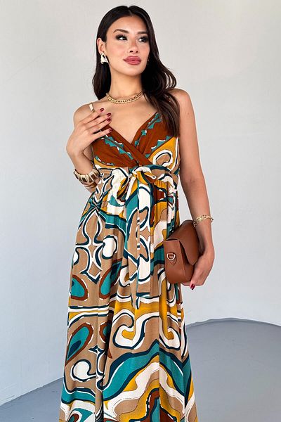 Cappmoda ELB-01818 Κίτρινο ρετρό μοτίβο με λουράκι υφαντό καλοκαιρινό φόρεμα