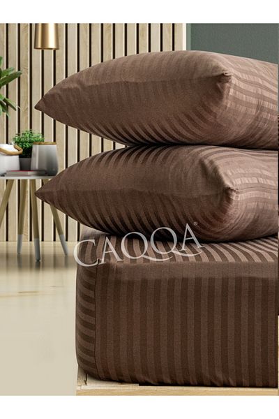 CAQQA Brown Cotton Striped Satin Fitted Sheet Set + Pillowcase