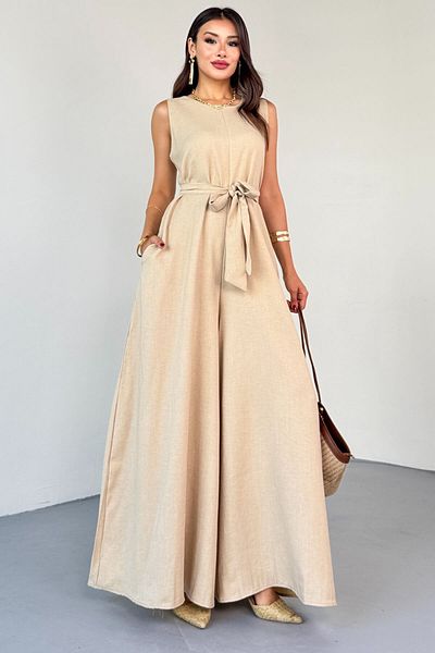 Cappmoda Elb-01819 Beige Belt Detailed Round Neck Sleeveless Jumpsuit