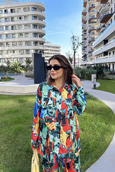 NEW LAVİVA Women's Satin Shirt-Elastic Waist Pants Set