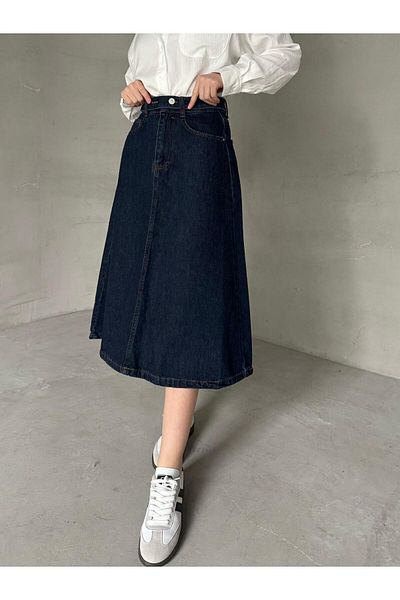Cappmoda ETK-02331 Fusta din denim de lungime mijlocie cu centură cu detaliu de buzunar albastru închis