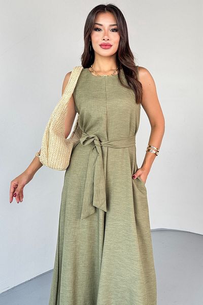 Cappmoda Elb-01819 Khaki Belt Detailed Round Neck Sleeveless Jumpsuit