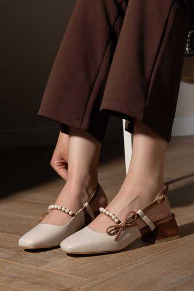 livens Perla Women's Beige & Tan Pearl F Bow Detail K Square Toe Block Heeled...