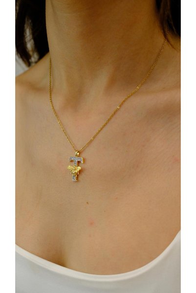 Jerie Gold Bee Detail Zircon Stone Letter Necklace