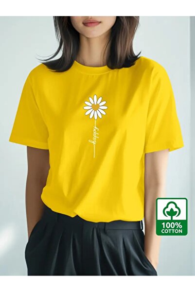 H&GHAMLEGİYİM Happy Daisy Štampano ženska majica kratkih rukava T-shirt