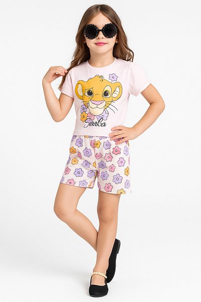 Uğur bebe Simba Printed Girl's Set 100% Cotton T-Shirt Shorts 2-Piece Summer Set