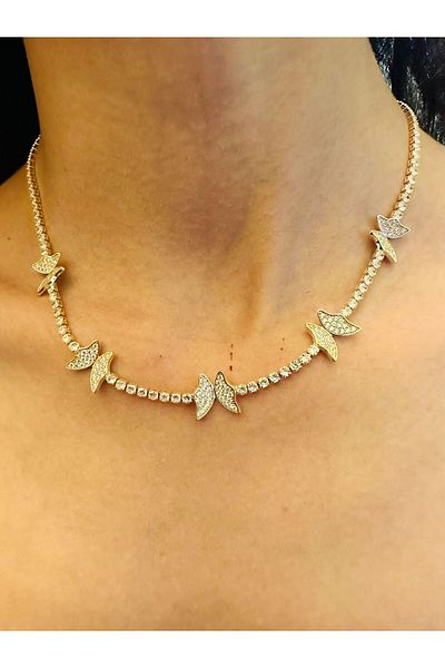 Gönülden Tasarım Steel Zircon Stone Engraved Butterfly Women's Necklace 25 cm