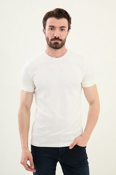 Mcr Patterned Slim Fit Crew Neck Men's T-Shirt Ecru - 36861.25Y