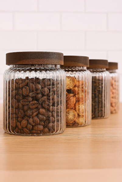Kitchen Life Set of 4 Borosilicate Glass Jars with Acacia Lids 320 ml