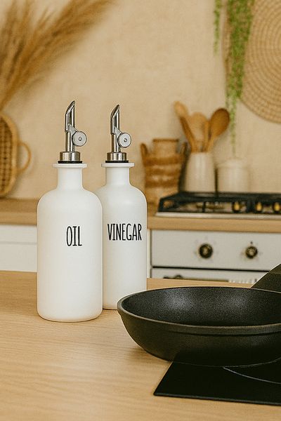 Kitchen Life Set of 2 Smart Automatic Covered Glass Oil and Vinegar Set 500 ml - Nordic White Oil Pot Set