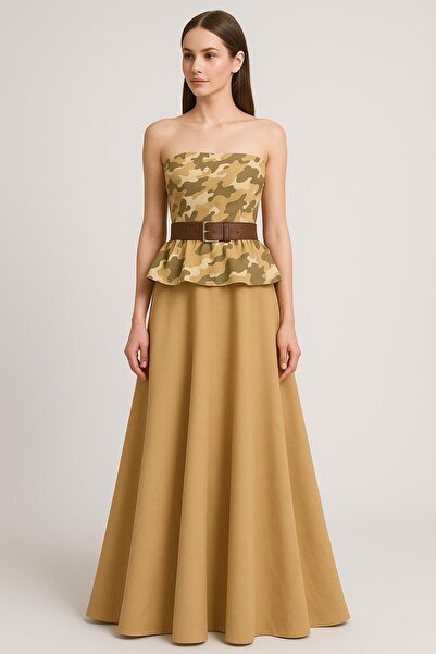 UNTIMELY Camouflage Patterned Strapless Top & Beige Maxi Skirt Top & Bottom Set