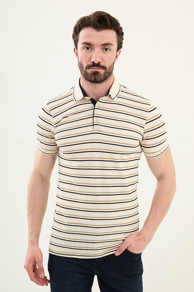 Mcr Striped Slim Fit Polo Neck Men's T-Shirt Ecru-Beige - 36852.25Y