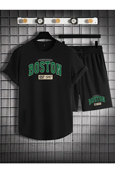 dont quıt Men's Black 2-Piece Oval Cut Suit Shorts & T-Shirt Boston