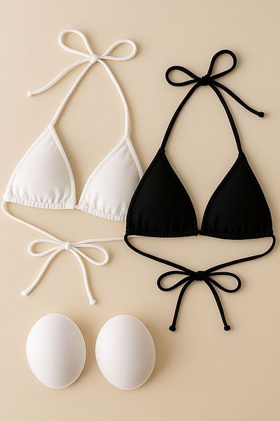 Stail Moda Women's 2-Piece Black+White Minimal Padded Cut Triangle Bikini Top