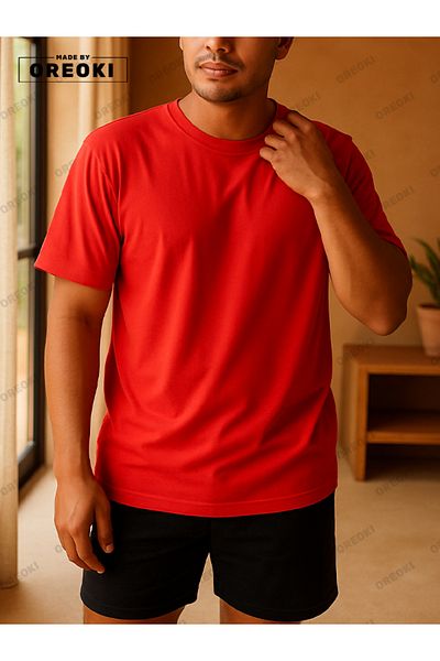 EFFRENATU Men's Red T-Shirt & Basic Shorts Set - Cotton, Relaxed Fit