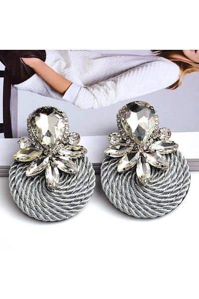 Eva Grace Mays earrings, round, silver, decorated with stones, with a braided pattern