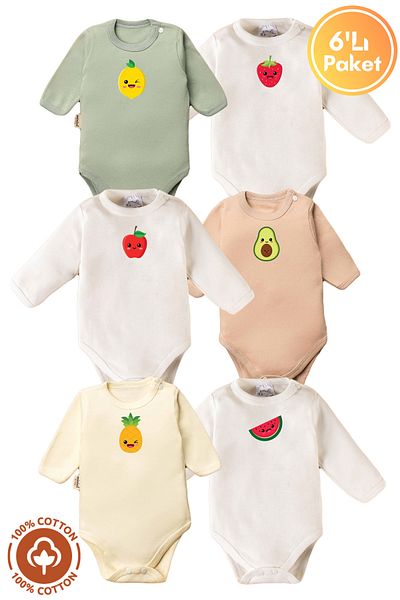 miniel organic Unisex 100% Organic Cotton Fruit Printed 0-12 Months 6-Piece Long Sleeve Baby Bodysuit