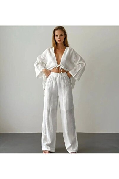 Bisou müslin alt üst kendinden astarlı beli lastikli takım aerobin takım