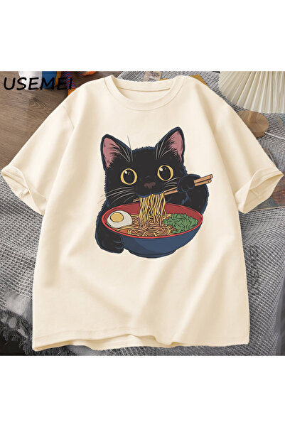 Tarzsokak Ramen Kedi Tshirt Japon Tarzı Kedi Sevgilisi T-Shirt Kawaii Karikat...