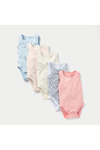 Juniors بدلة جسم مطبوعة بدون أكمام مع زر للإغلاق - مجموعة من 5 قطع